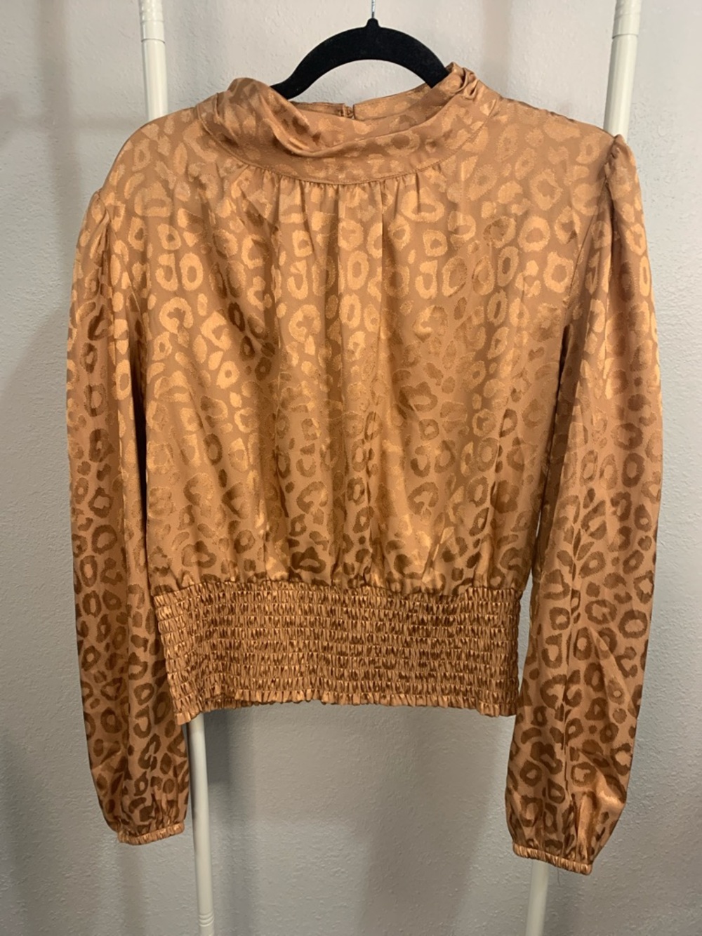 Self Esteem Tan Leopard Jacquard Smocked Waist Blouse